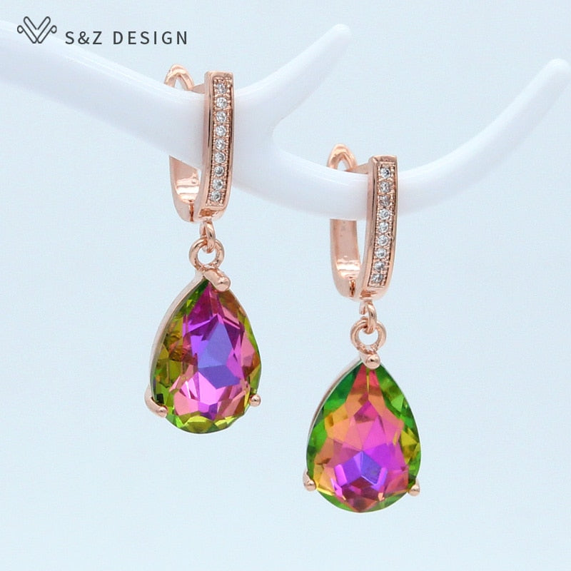 S&amp;Z DESIGN Korean Fashion Luxury Water Drop Crystal 585 Rose Gold Dangle Earrings For Women Wedding Engagement Elegant Jewelry