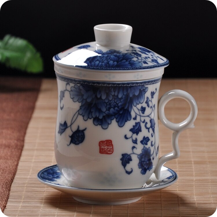 Blue and white porcelain ceramic office four-piece cup with lid including filter equipment personal lunch cup gift conference