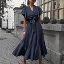 Women Vintage Butterfly Sleeve V Neck Party Dress High Street Ladies Solid Lace-Up Ruffle Dress Summer Elegant Dress Vestido 3XL