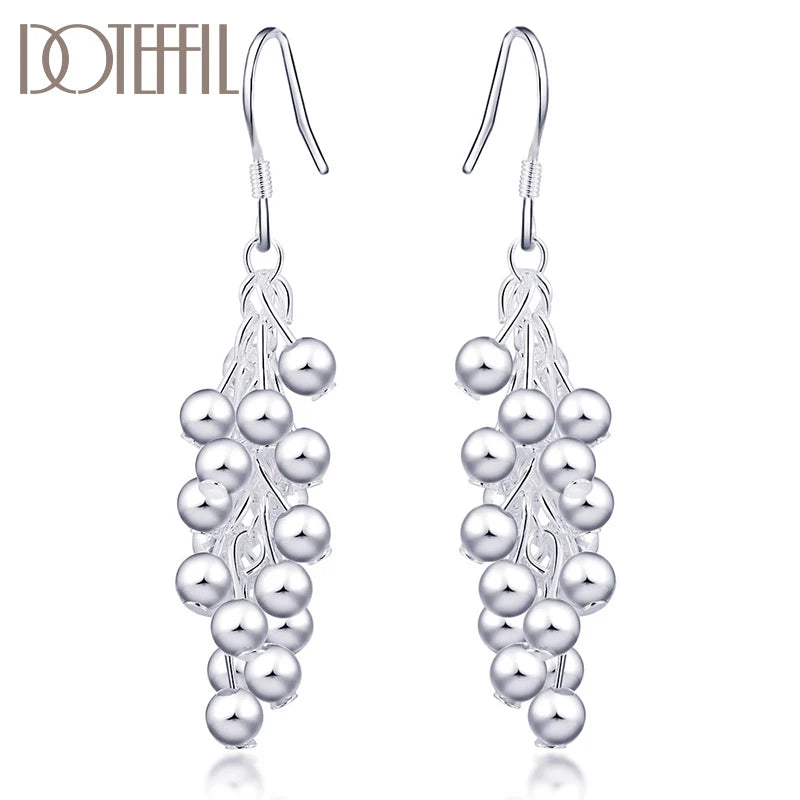 DOTEFFIL 925 Sterling Silver Smooth Grape Bead Earrings Fashion Woman Charm Earrings Wedding Jewelry