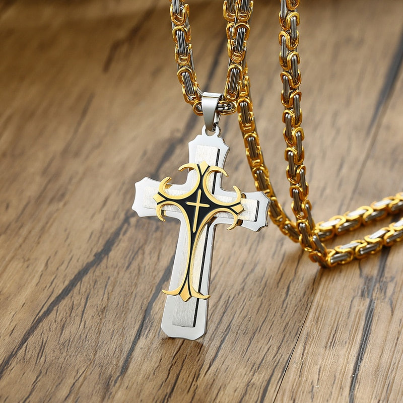 Vnox Cross Necklace For Men Byzantine Gold Color Stainless Steel Chain Catholic Crucifix Pendant Male Punk Rock Ornaments