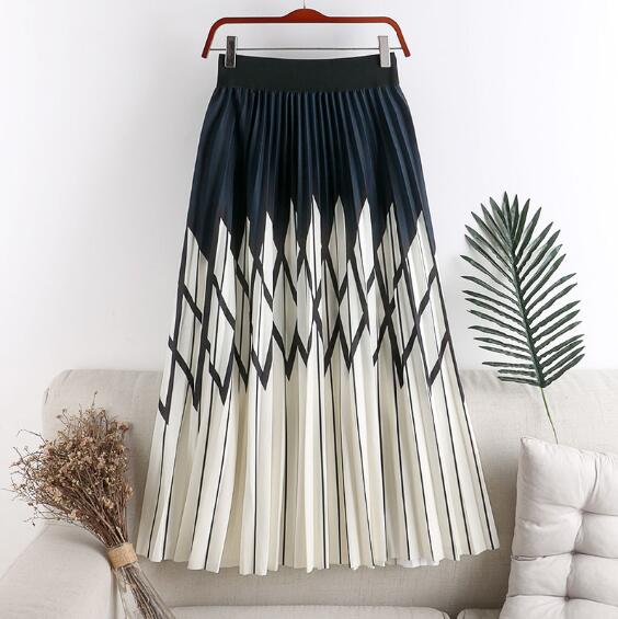 Geometric Striped Skirts For Women 2022 Summer OL Black Pleated Skirt Casual A-Line Patchwork Print Midi Skirt Autumn Winter New