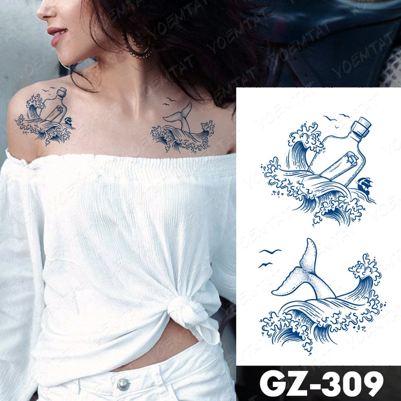 Juice Lasting Ink Tattoos Body Art Waterproof Temporary Tattoo Stickers Mountain Forest Tatoo Arm Fake Sky Whale Sea Tatto Women