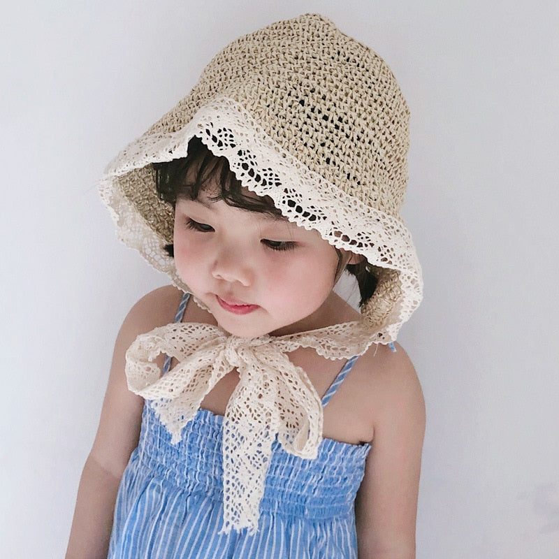Lace Baby Hat Summer Straw Bow Baby Girl Cap Beach Children Sun Hat Princess Baby Hats and Caps for Kids 1PC