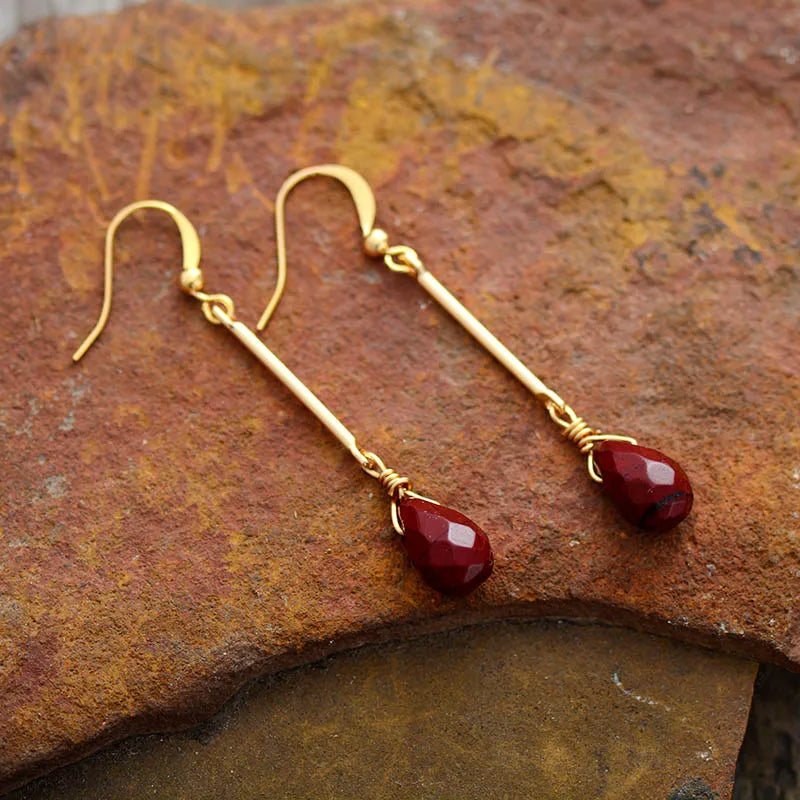 Gems Stone Hanging Earrings for Women Red Jaspers Gold Plated Drop Dangle Earring Bohemia Art Female Jewelry Femme Gifts