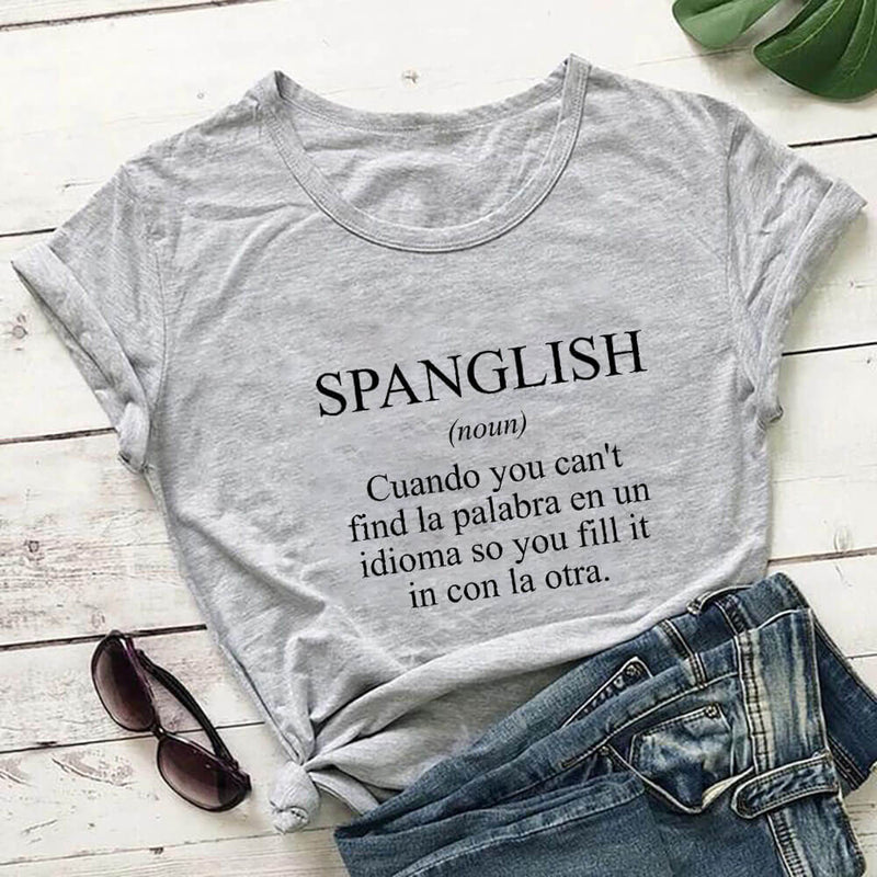 SPANGLISH Shirt Mexican Shirts Summer Women's Latina T Shirt 100%Cotton Funny Casual O-Neck Short Sleeve Top Spanish teacher Tee