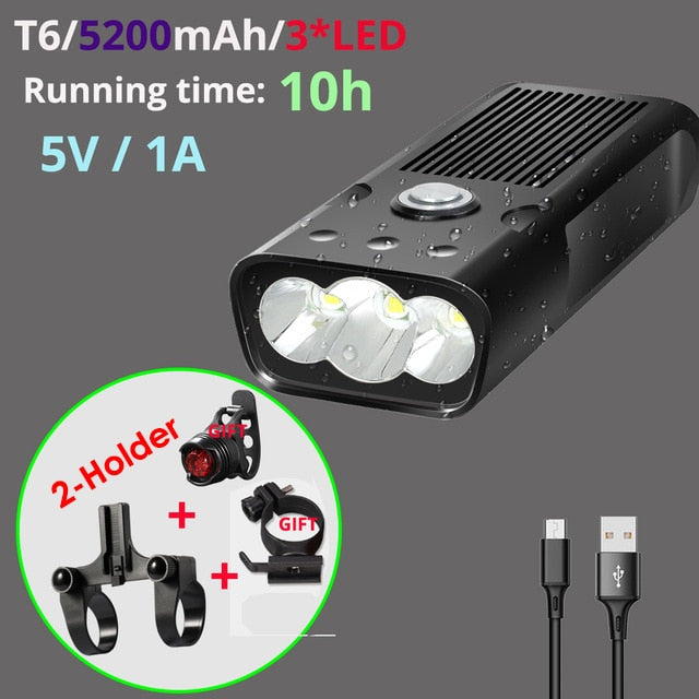 5200mAh MTB Bike Front Light Bicycle Light 2 Holder Mount T6/L2 LED Flashlight Power Bank Bike with Taillight Gift Waterproof