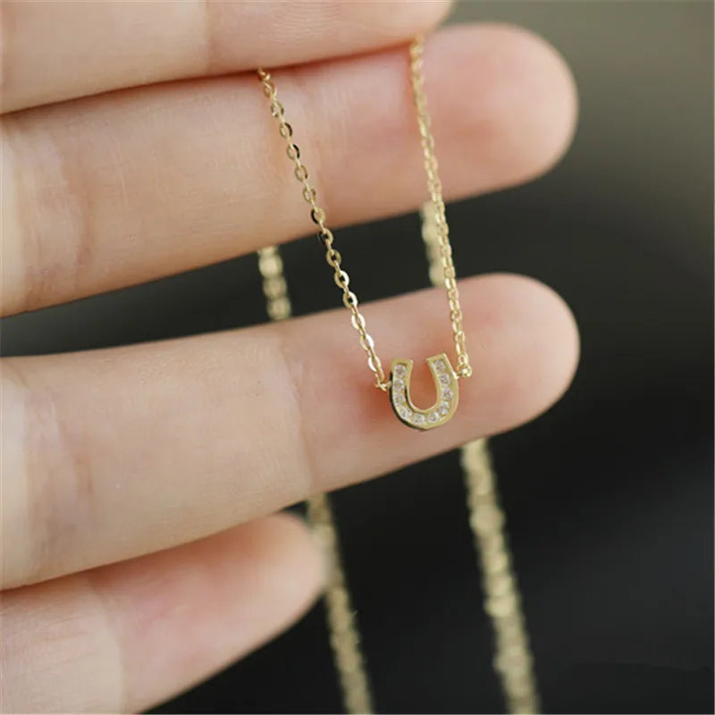925 Sterling Silver 14K Gold Plated Pavé Crystal Horseshoe U Shape Pendant Necklace Women Fashion Jewelry Accessories