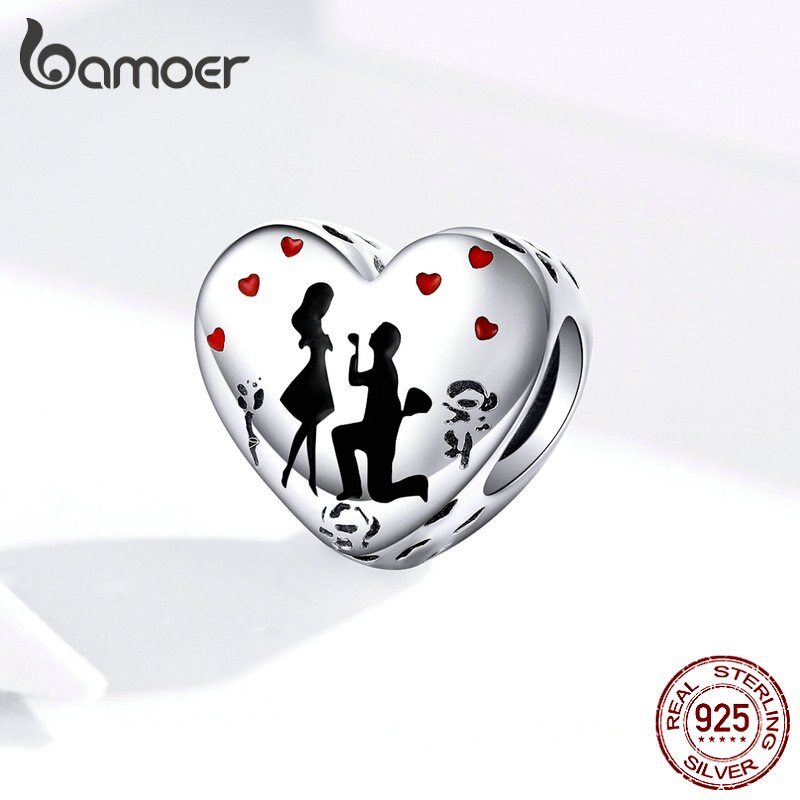 bamoer Marry Me Heart Enamel Charm for Women Original Silver Bracelet 925 Sterling Silver Jewelry Anniversary Gifts SCC1403