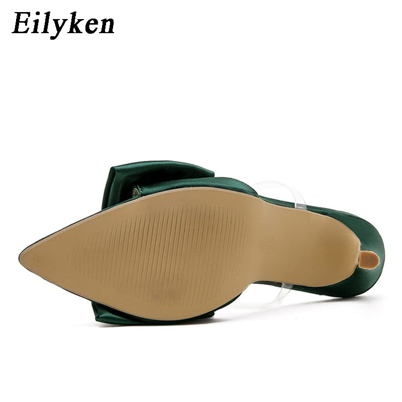 Eilyken Silk Butterfly-knot Slippers Mule High Heels Women Sandals Flip Flops Pointed toe Strappy Slides Party Shoes