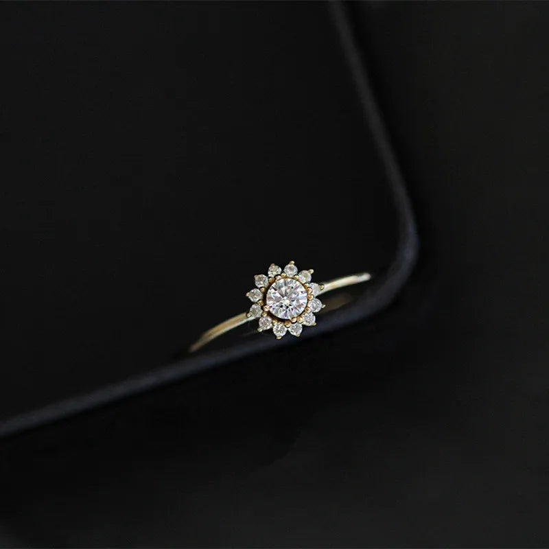 925 Sterling Silver Korean Version Simple Sunflower Ring For Women Pavé Crystal Fashion  14k Gold Plating Jewelry Gift