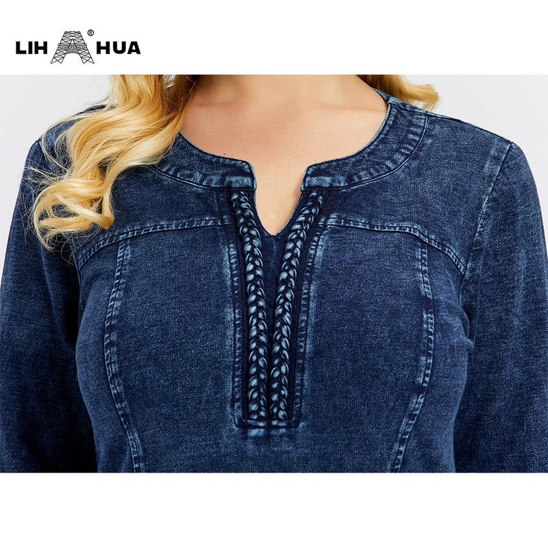 LIH HUA Women's Plus Size Denim Dress Elasticity  Knitted Denim Dresses Slim Fit Casual Dress Shoulder Pads Midi Dress