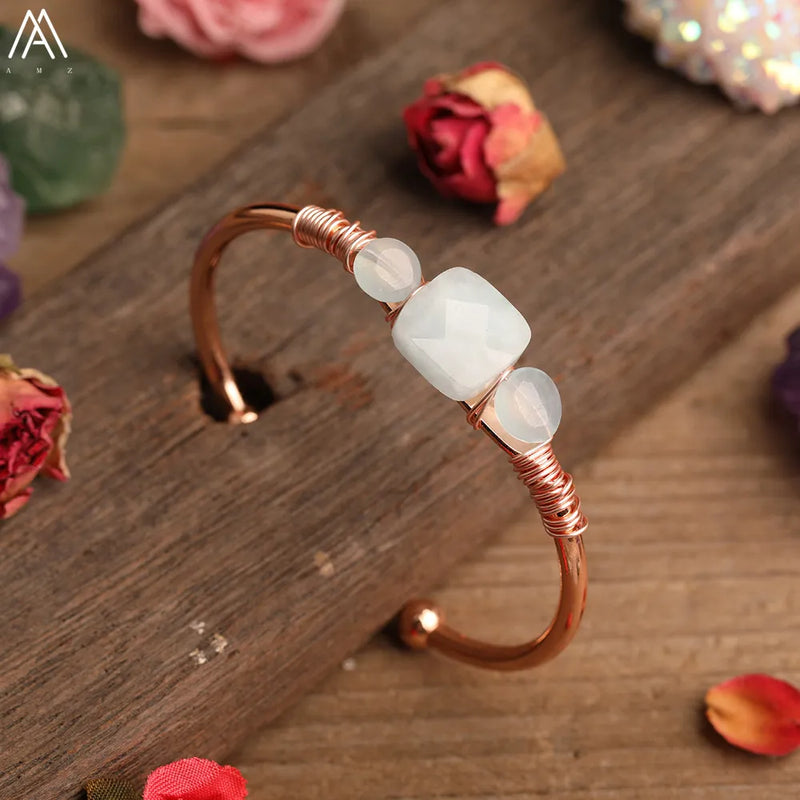 Natural Quartz Stone Beads Gold Bracelets Women Citrines Roses Quartz Chip Beads Open Cuff Bangles Bracelets Friendship Jewelry