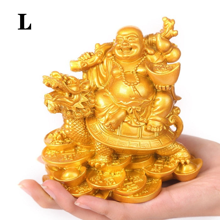 Resin God of Wealth Laughing Buddha Statue，Modern art sculpture，Chinese Home Feng Shui Dragon Turtle Decoration Figurines statue