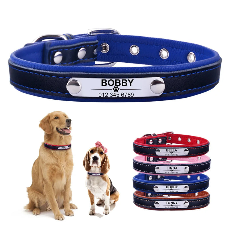 Leather Dog Collar Personalized Custom Engraved Name Plate Puppy Pet Dogs XS/S/M/L Dog Tag