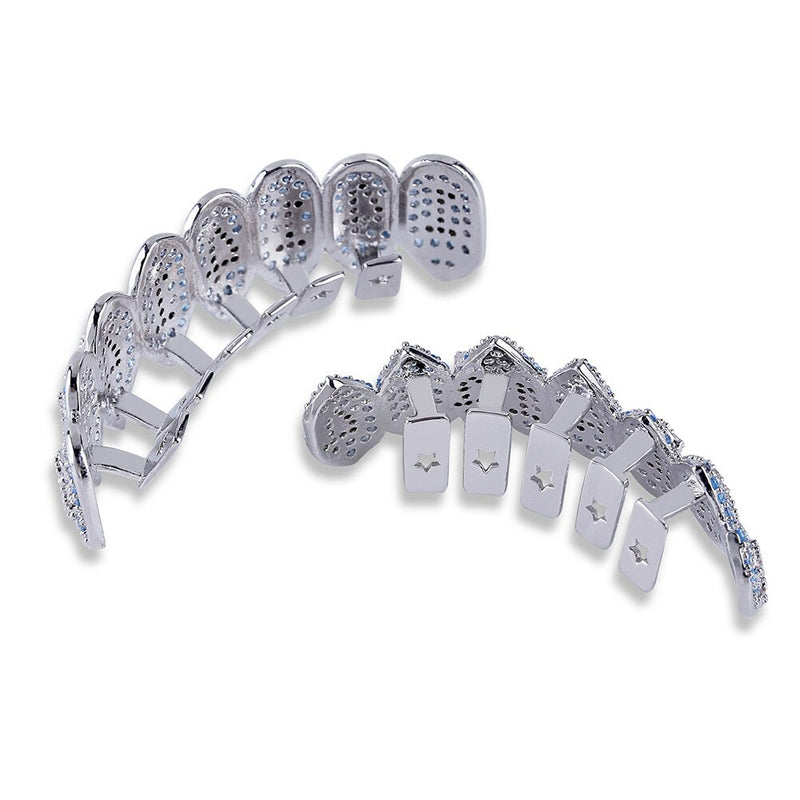 GUCY Iced Out Hip Hop 1414 Teeth Grillz Bling AAA Cubic Zircon Silver Color Eight Top & Bottom Vampire  Grills Set For Gift