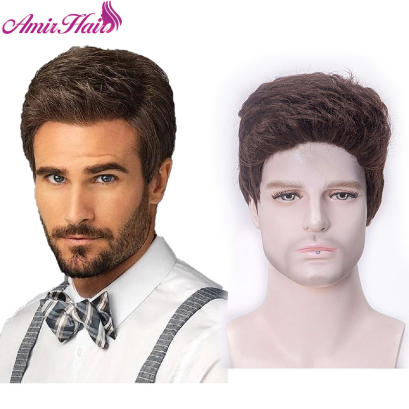 Amir Synthetic Men' Wigs Brown Short Straight Grey Hair Wigs Black Blonde Wig for Men Brown Gray Wig Natural wave