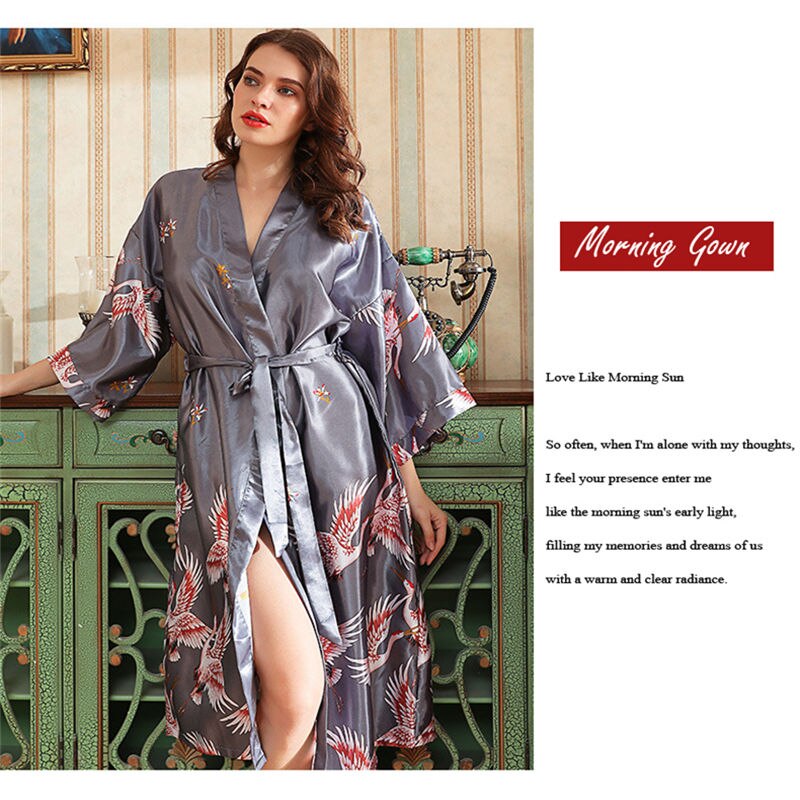 Japanese Style Long Loose Satin Peacock Woman Yukata Dress Pajamas Oriental Crane Kimono Haori Chinese Qipao Nightgown Robe