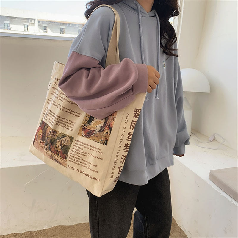 Women Canvas Shoulder Bag Alice In Wonderland Shopping Bags Students Book Bag Cotton Cloth Handbags Tote Bags for Girls Bolsos