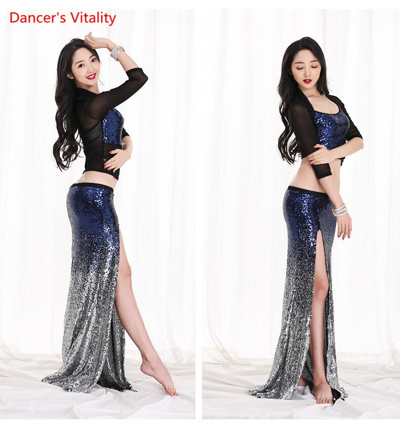 Women New Belly Dance Set  Oriental Dance Dance Competition Sequin   Costume Top+Fishtail  Skirt 2pcs gypsy skirt   costume set