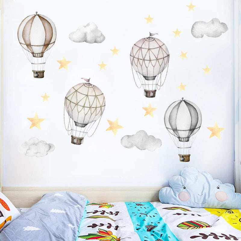 Cartoon Hot Air Balloon Clouds Star Stickers Nursery Wall Decals Art Removable Picture Posters For Baby Kids Room Home Decor