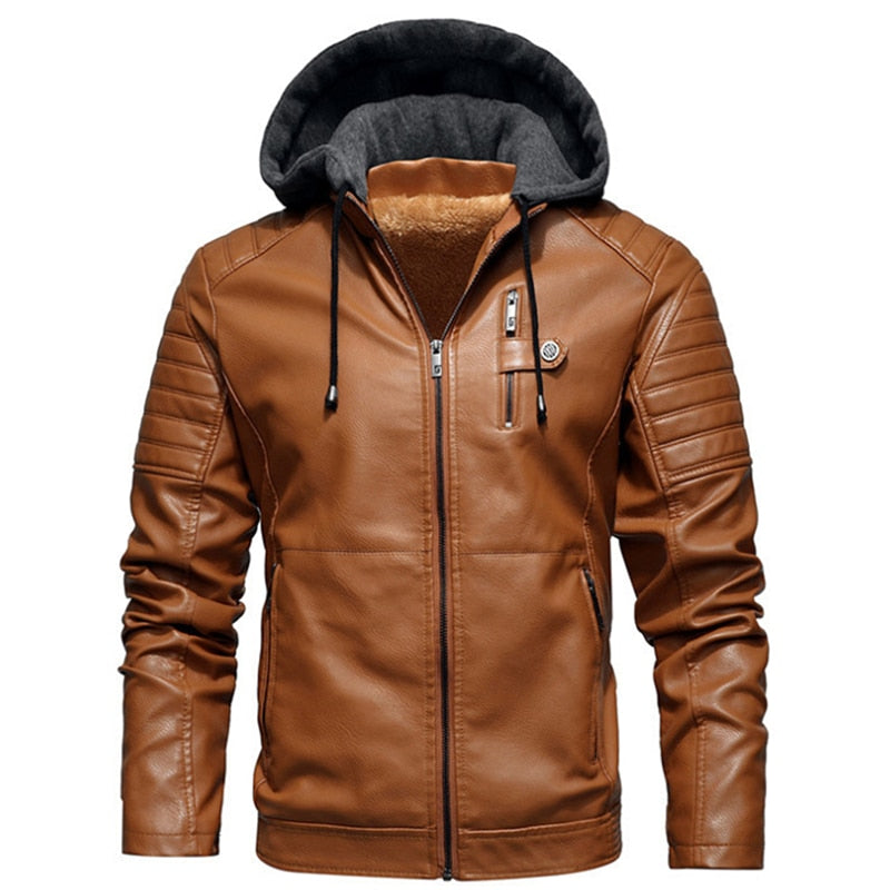 Men's Fleece Liner PU Leather Jackets Coats With Hood Autumn Winter Casual Motorcycle Jacket For Men Windbreaker Biker Jackets