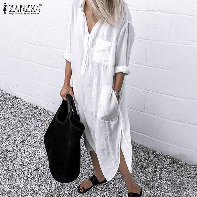 ZANZEA 2023 Retro Printed Shirt Dress Women's SundressAutumn  Casual Long Sleeve Midi Vestidos Female Button Robe