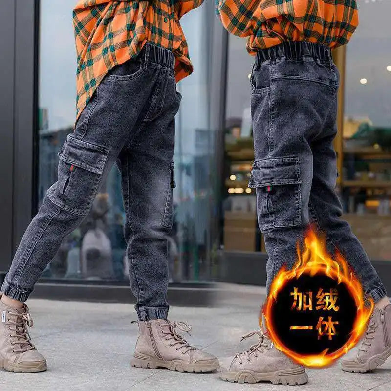 Children's winter jeans plus velvet thickening children's warm casual denim trousers Christmas gifts for boys aged 3-9-12