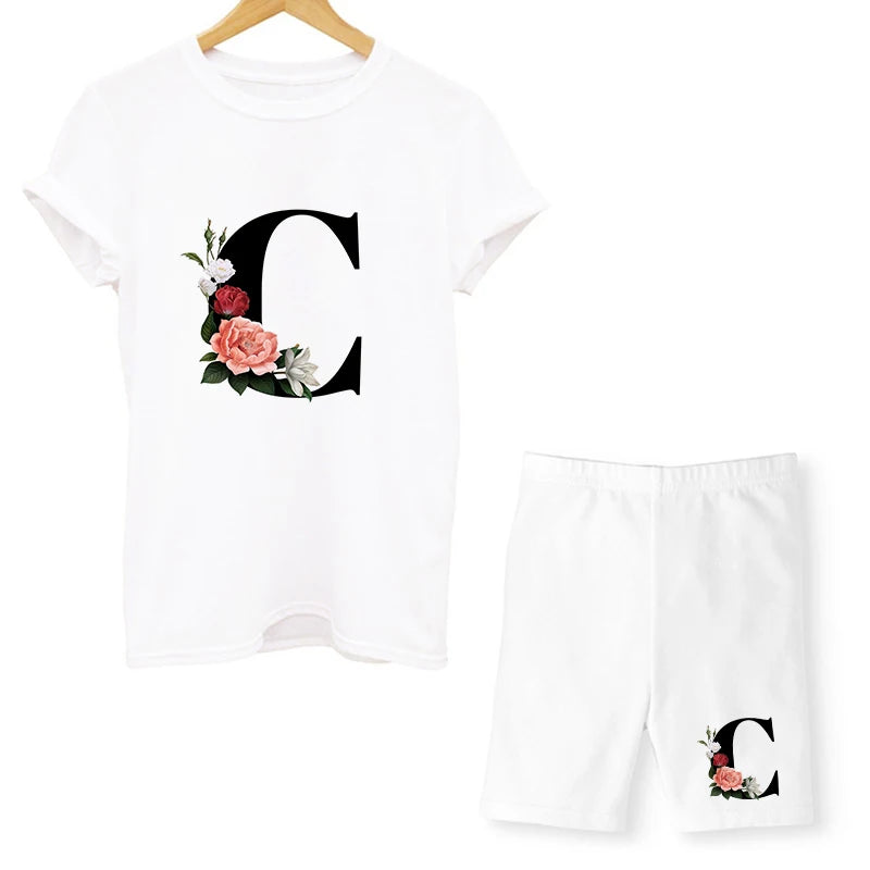 Two Piece Sets Women Summer Letter Printed T Shirts+Shorts Ensemble Femme Short Sleeve O-Neck Casual Biker Joggers Sexy Outfit