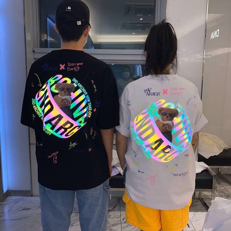 Harajuku Hip Hop Women Shirt INS Reflective Back Cartoon Bear T-shirt 2020 Summer Loose Couple Mid-length Short Sleeve Tops