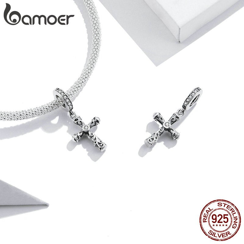 bamoer 925 Sterling Silver Vintage Cross Pendant Charm for Original Snake Bracelet or Neckalce DIY bracelet Accessories BSC313