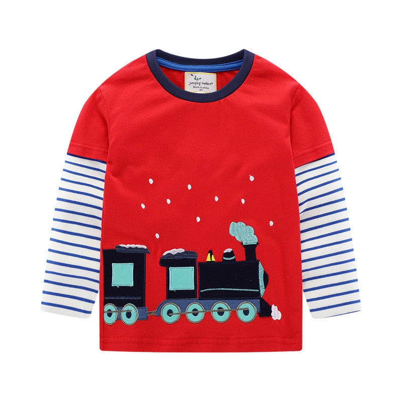 Jumping meters Autumn Spring Boys T shirts Applique Cotton Long Sleeve Baby Girls Clothing New Stripe Tops For Children Boy Tee