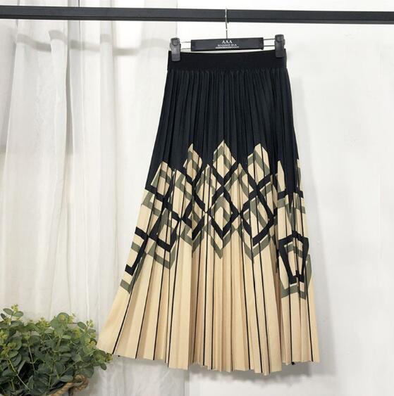 Geometric Striped Skirts For Women 2022 Summer OL Black Pleated Skirt Casual A-Line Patchwork Print Midi Skirt Autumn Winter New