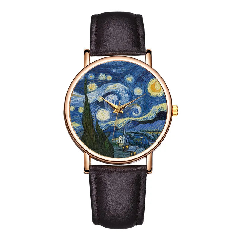 Creative Women's Watches Van Gogh Paintings The Starry Night Bracelet Simple Three-pin Leather Strap Ladies Watch Gift For Women