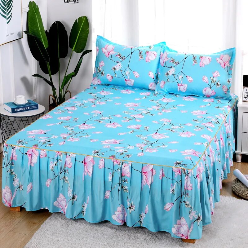 3Pcs/Set Korean Brushed Printed Bed Skirt Bed Cover Student Dormitory Non-Slip Sheet Cover Bedroom 3D Lace Bed Skirt Bedding