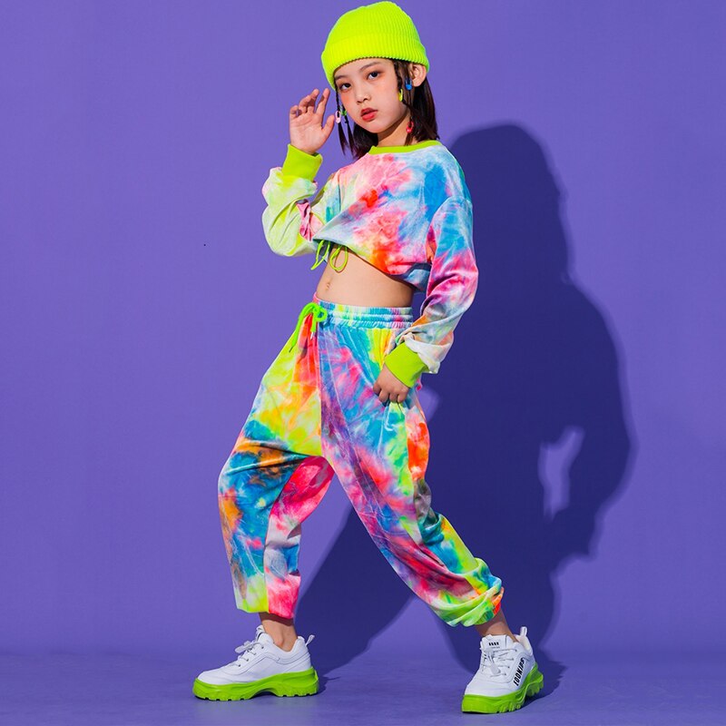 Hip Hop Clothing Multicolor Sweatshirt Causal Pants For Girls Jazz Ballroom Dancing Clothes Stage Outfits Rave Clothes DQS6039