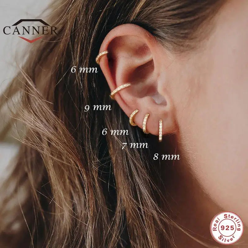 CANNER Real 925 Sterling Silver Ear Hoop Piercing Earrings for Women 6mm 7mm 8mm 9mm Geometric Round Huggie Earings Fine Jewelry