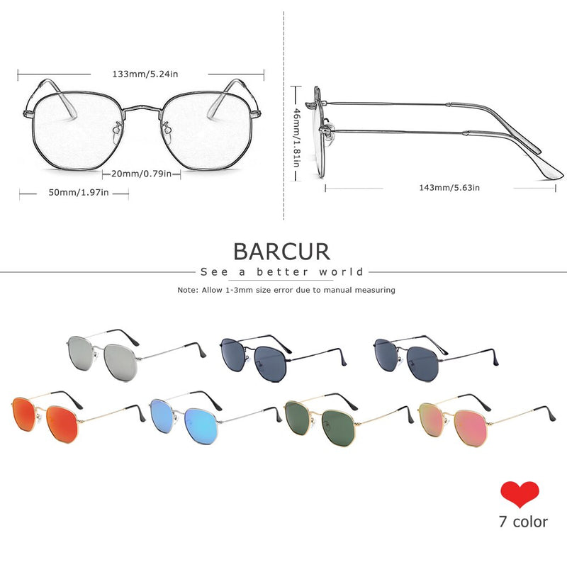 BARCUR Retro Reflective Sunglasses Classic Man Minimalist Stainlesss Steel Frame Eyewear Sun Glasses Women Oculos De Sol