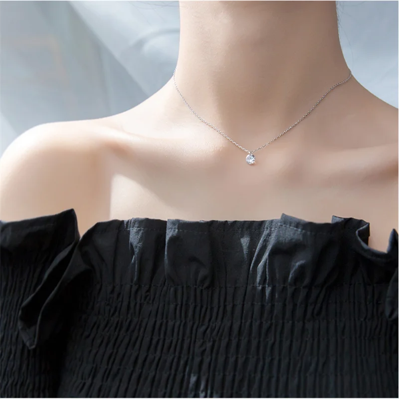 WANTME Real 925 Sterling Silver Jewelry Fashion Simple Round Crystal Zircon Pendant Chain Necklace for Women Girls Drop Shipping