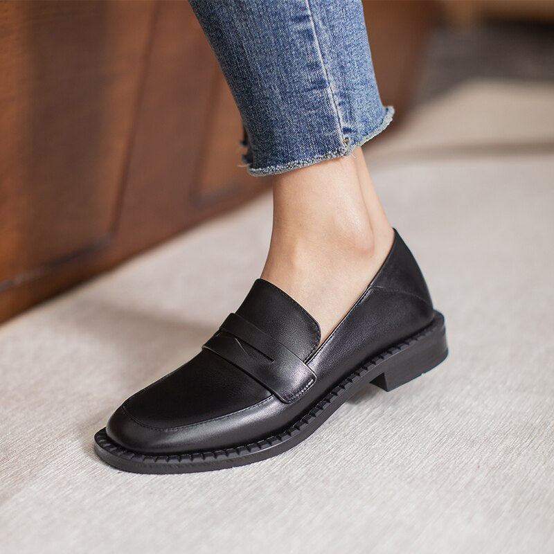 QUTAA 2021 Genuine Leather Square Heel Slip On Ladies Shoes Spring Autumn Casual Round Toe Basic Women Pumps Big Size 34-43