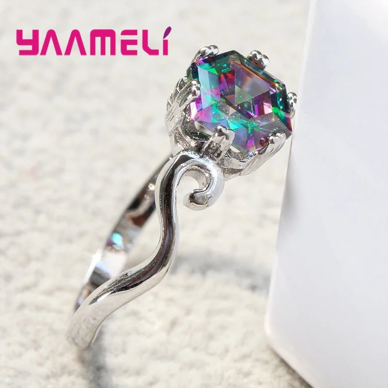 High Class Mystic Rainbow Topaz Finger Jewelry 925 Sterling Silver Wedding Band Rings for Woman Lady Cocktail Birthday Party
