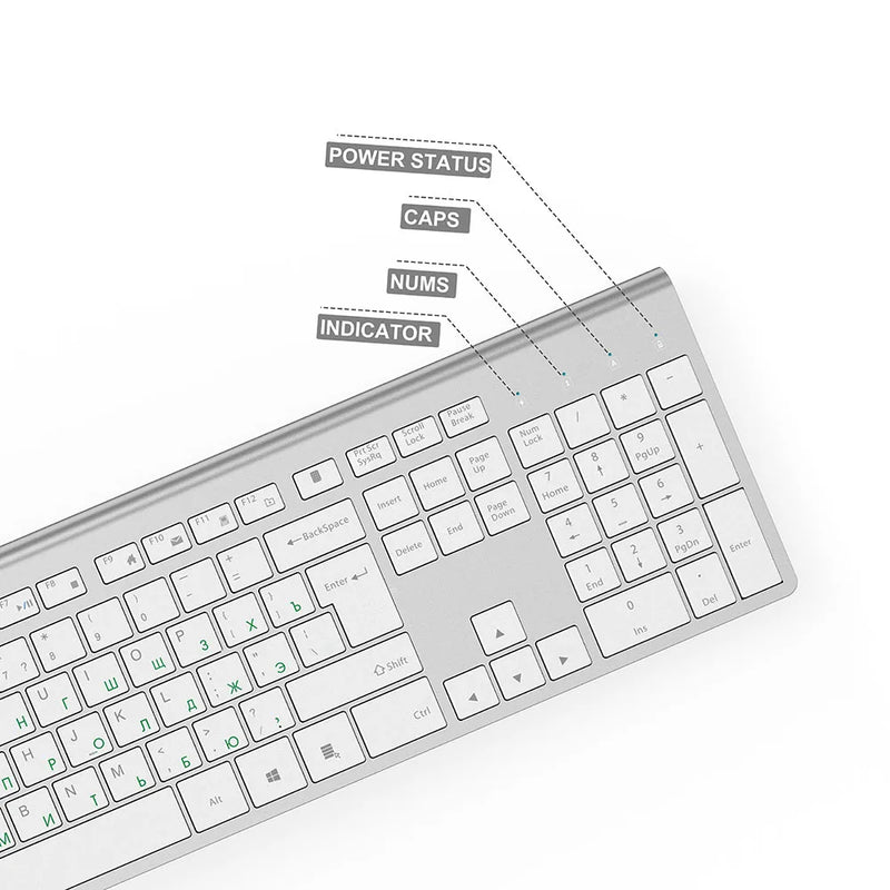 Russian wireless keyboard, ergonomic design, rechargeable mouse, 2400DPI, wireless mute design stable connection,silver white