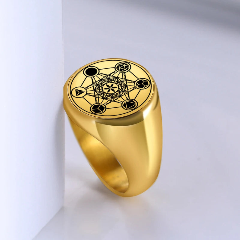 Dawapara Metatron Cube Ring for Men Women Stainless Steel Angel Seal Archangel Metatron Sacred Geometry Ring Protection Amulet