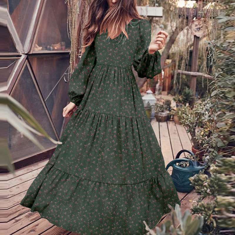 Women's Autumn Sundress ZANZEA 2023 Fashion Ruffle Maxi Dress Casual Puff Sleeve Tunic Vestidos Floral Print Robe