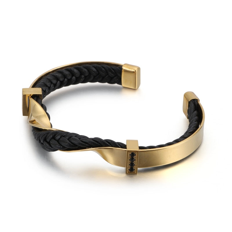 Kalen Men's Stainless Steel Leather Zircon Fashion Bracelet Twisted Surface Shape Accessories