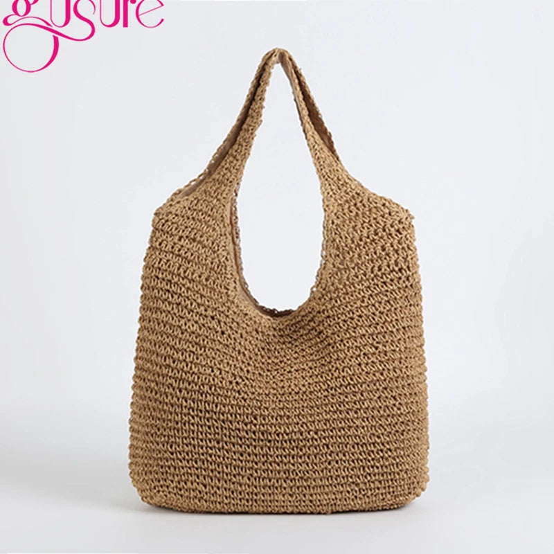 Gusure Casual Straw Women Shoulder Bags Wicker Woven Ladies Handbags Handmade Summer Beach Large Totes Bag Bohemia