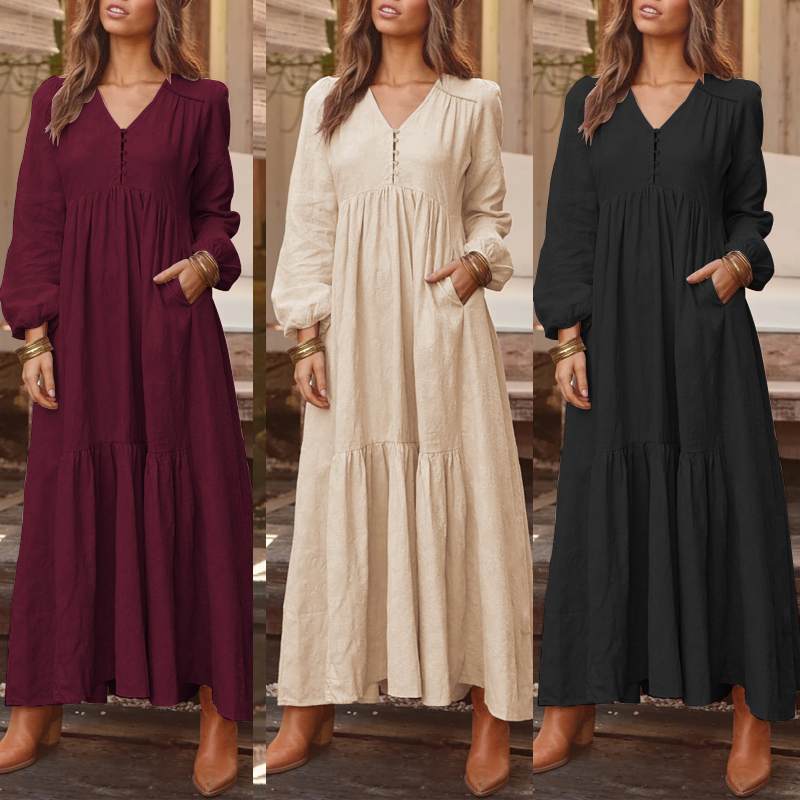 Bohemian Shirt Dress Women's Maxi Sundress ZANZEA 2023 Spring Elegant Casual V Neck Ruflle Vestido Female Long Sleeve Tunic Robe