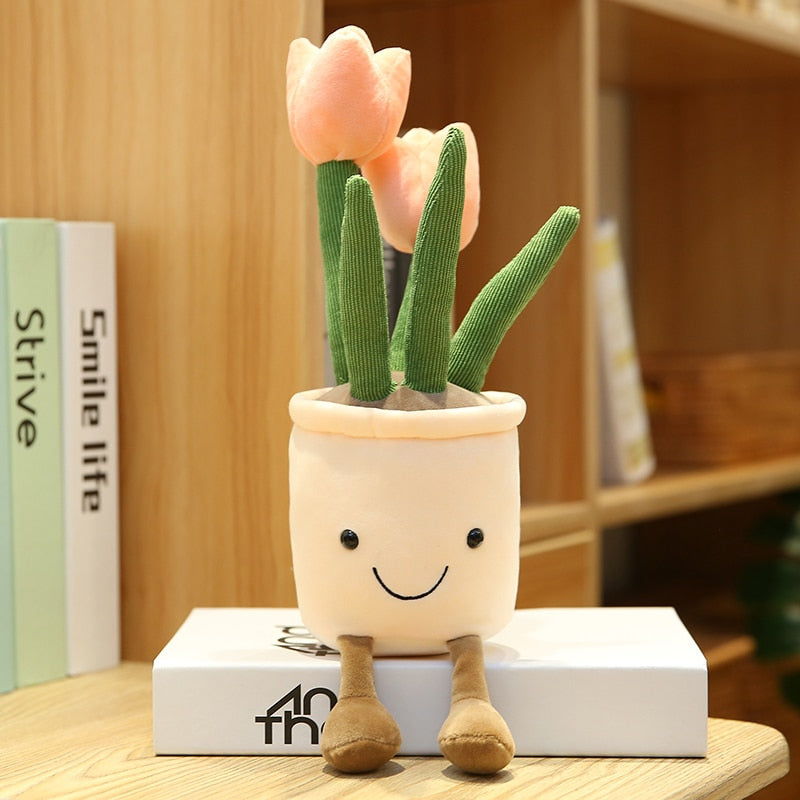 Lifelike Tulip&amp;Succulent Plants Plush Stuffed Decor Toys Soft Bookshelf Decor Doll Creative Potted Flowers Pillow for Girls Gift