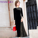 TESSCARA Women Autumn Elegant Velvet Dress Festa Female Event Party Robe High Quality Mesh Designer Vintage Cocktail Vestidos