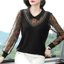 Women Spring Autumn Style Mesh Lace Blouses Shirts Lady Casual Long Sleeve Peter Pan Collar Patchwork Blusas Tops ZZ0656